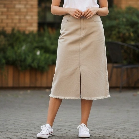 Christopher & Banks Dresses & Skirts - Christopher & Banks Tan Corduroy Fringed Midi Skirt Womens 8 Stretch Straight